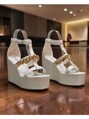 White Platform Wedge Sandals With Gold Chain Accent & Clear Straps By Bella Mari